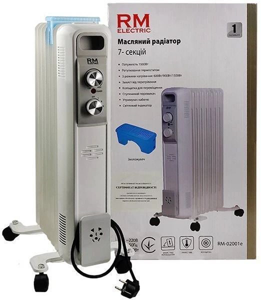 Масляный радиатор RM Electric, 15м2, 1500Вт, мех. упр-ние, 7 секций, увлажнитель, белый RM-02001E фото