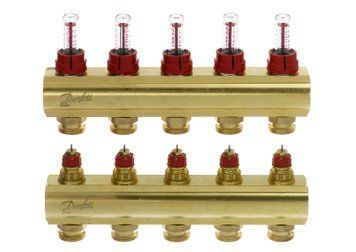 Розподільний колектор Danfoss FHF-F, 5+5 контурів, з ротаметрами, латунь 088U0525 фото