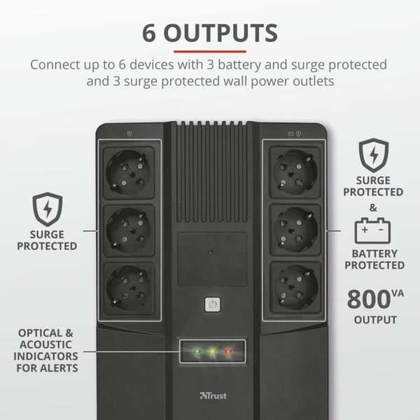 ИБП Trust Maxxon 800VA UPS with 6 standard wall power outlets BLACK 23326_TRUST фото